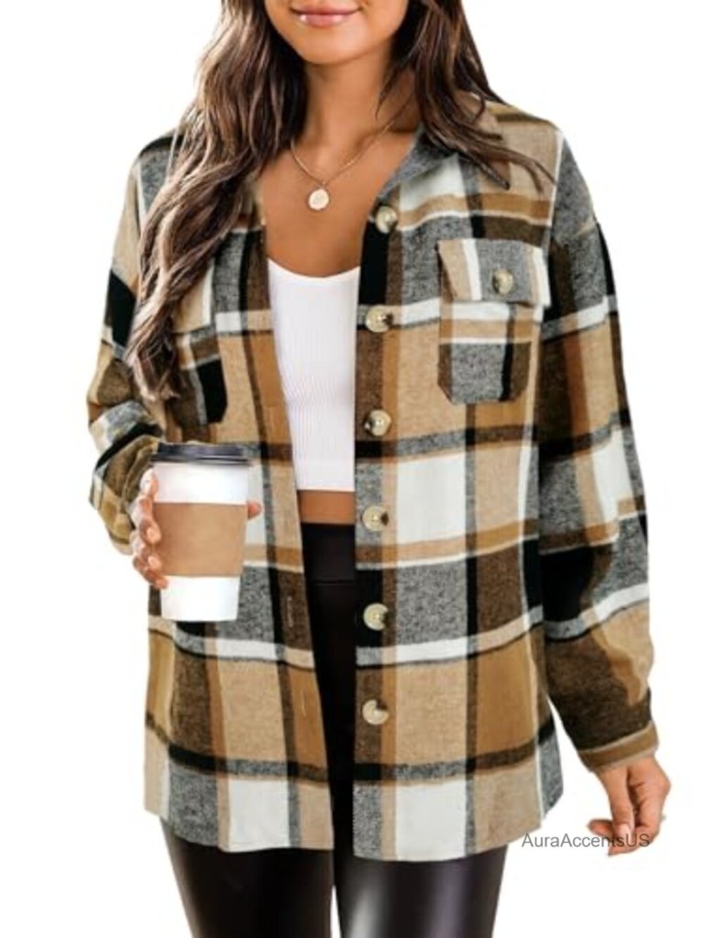 Flannel Plaid Shacket Jacket with Buttoned Pockets